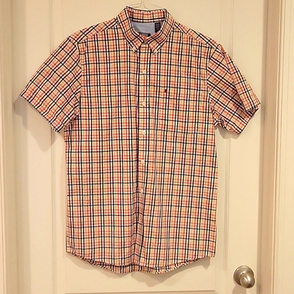 2 for $12. Izod button down shirt. Men's Size M, orange check pattern. EUC